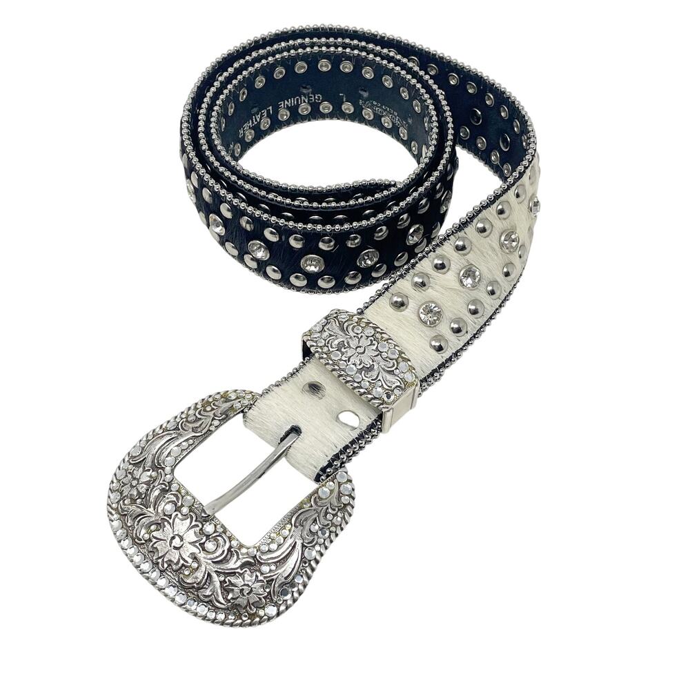 Vintage 90s Women's NOCONA Black White Calf Hair Leather Studded Belt Western